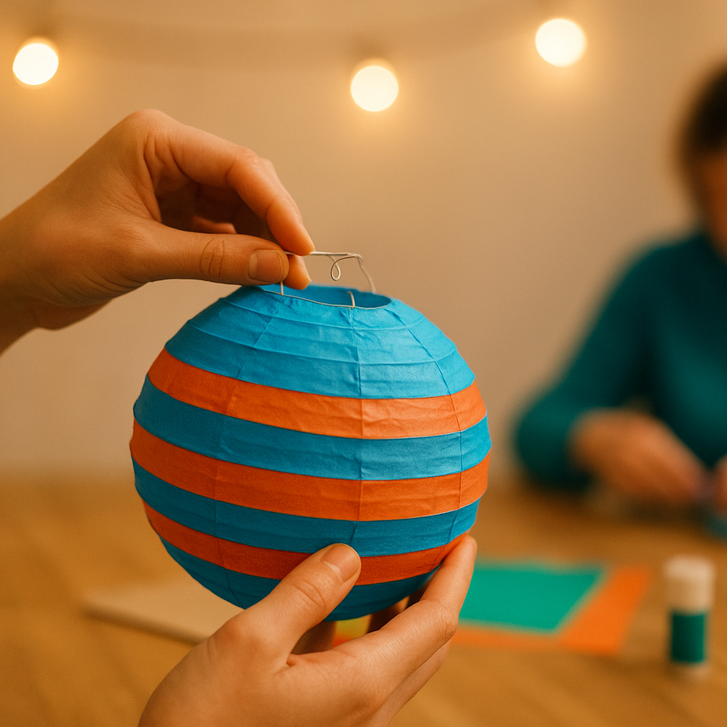 A small group assembling a paper lantern together under string lights